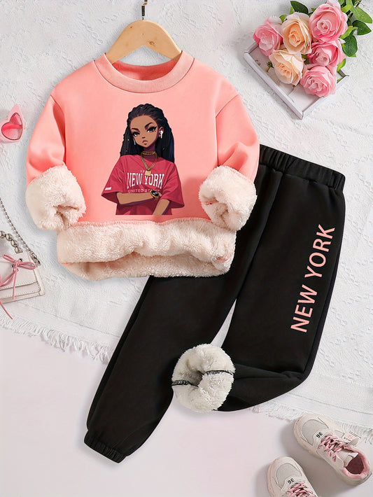 Tween Girls Cartoon Pattern Printed Warm Plus Velvet Thick Round Neck Sweater + Sports Pants Fashion Two-Piece Set, For Outdoor