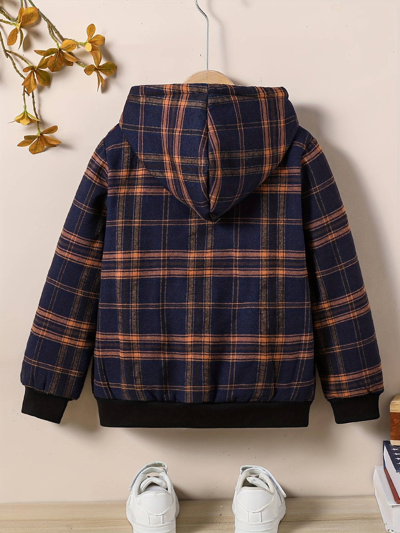 Boys Winter Plaid Fleece-lined Warm Hooded Jacket With Zipper