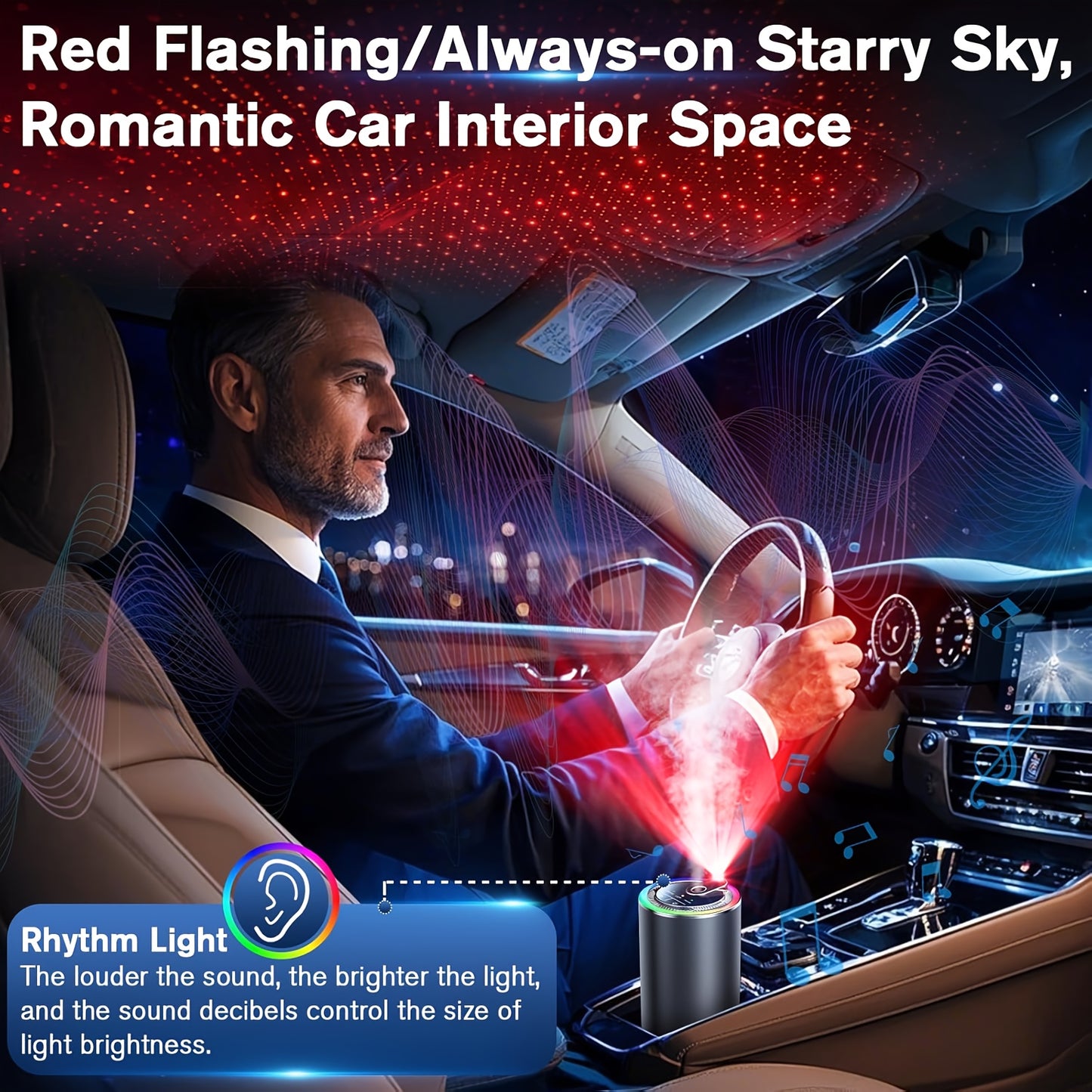 Smart Car Air Freshener with Aromatherapy Features, Featuring a Dynamic Light Display And a Starry Sky Mode. It Uses Natural French Scented Essential Oils Or Perfumes, Allows for Adjustable Fragrance Strength