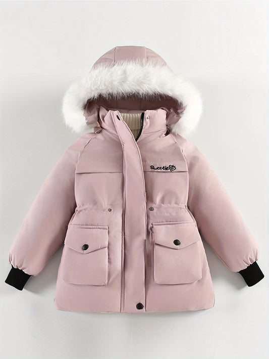 Snowy Playtime, Cozy & Stylish Girls' Winter Parka - Thick Fleece-Lined Hooded Jacket with Embroidery, Long Sleeves for Outdoor Fun