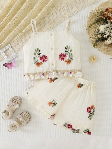 Mori Style Little Girls Set, Lace Hem Camisole + Shorts Two-piece Set — view 1 of women's clothing