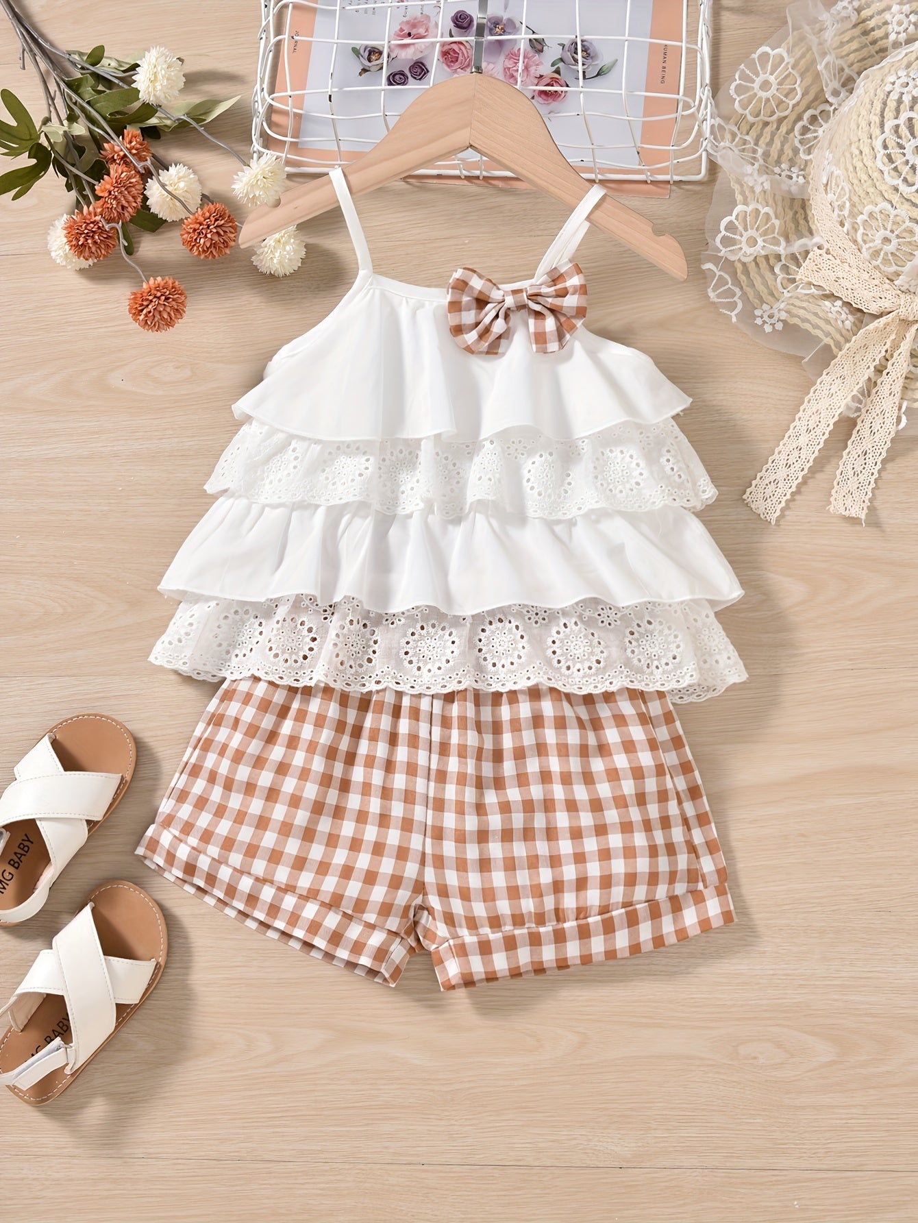 2pcs Ruffles Cami Top & Elastic Waist Plaid Shorts Set - Girls Summer Clothes with Flower Hollow Bow