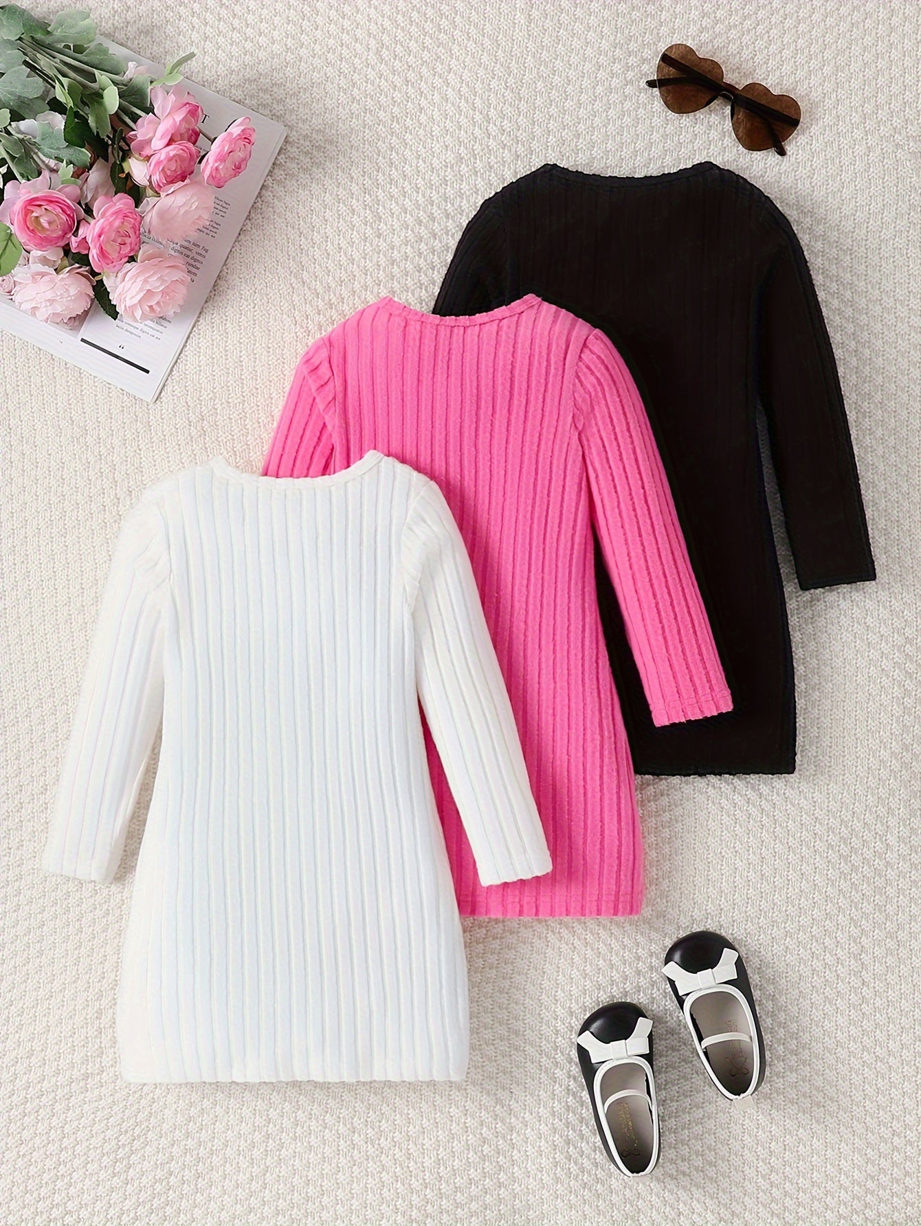 3pcs Solid Ribbed Knit Comfy Dress Set for Girls, Elegant Dresses for Spring Fall Gift, Outdoor Cloth