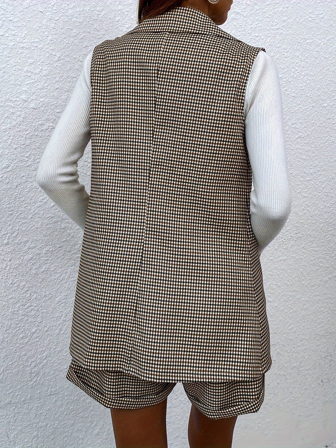 Elegant Gingham Print Shorts Set, Shawl Collar Single Breasted Vest & Loose Shorts For Office & Work, Women's Clothing