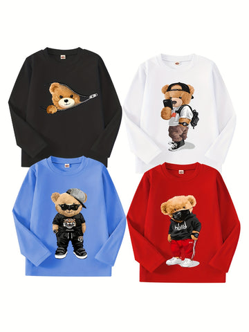 4-Pack Boys’ Teddy Bear Long Sleeve T-Shirts – Cute Cartoon Prints for Autumn/Winter — view 1 of kids' clothing