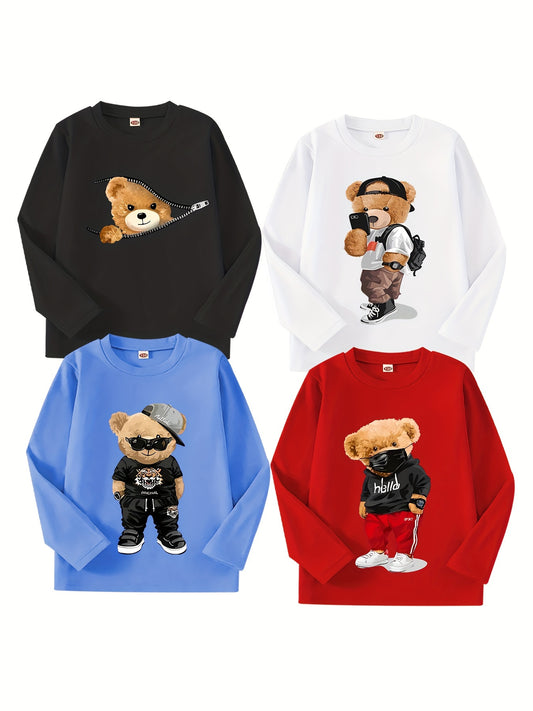 4-Pack Boys’ Teddy Bear Long Sleeve T-Shirts – Cute Cartoon Prints for Autumn/Winter