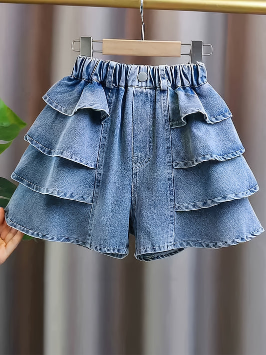 Ruffled Loose Fit Denim Culottes Shorts for Girls - Breathable, Comfy, and Cute Solid Color Umbrella Skirt Style with Slight Stretch Fabric - Perfect Holiday Gift or Summer Essential