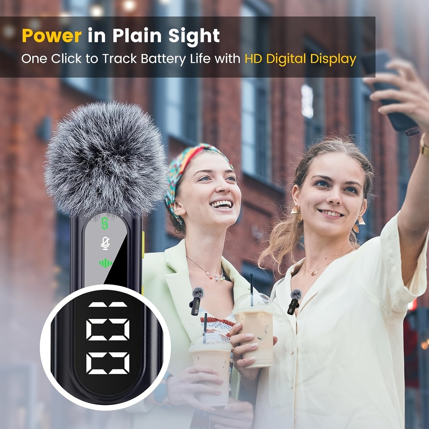 Professional Wireless Lavalier Microphone with Digital Battery Display, Feather Windshield, 360° Omnidirectional, USB-C Connector, 100ft Range, 2.4G Wireless Function, DSP Chip Professional Noise Reduction, Rotatable Magneti