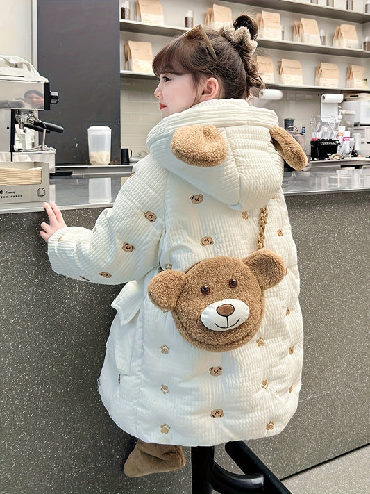 Youngsters's Girl Winter Cotton Suit Medium and Long Style: Full Embroidery Cotton Suit, Cartoon Bear Hat and Zipper Closure - Suitable for Winter Outings (Product does not include Bear Backpack)