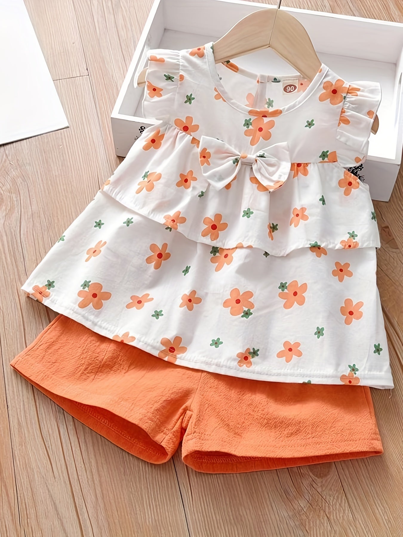 Two-piece Floral Short-sleeved Shorts For Girls