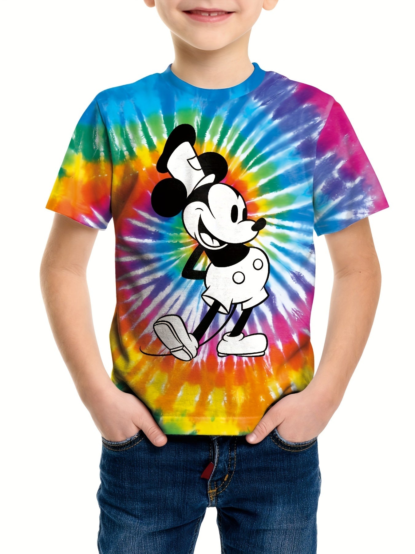 Boys Trendy Cartoon Mouse Tee - Short Sleeve, Comfort-Fit, Vibrant Spiral Design - Perfect Summer Casual Wear