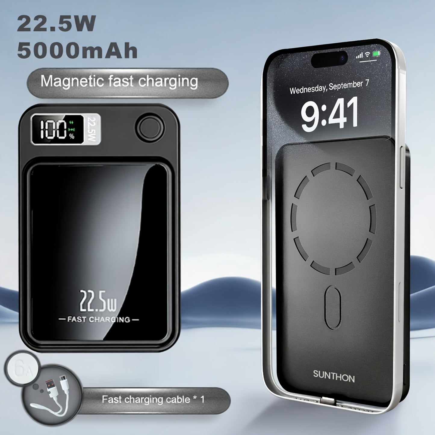 Sunthon Magnetic Wireless Charging Power Bank, 10000/5000mAh Portable Wireless Charger, 22.5W/PD20W Fast Charging Battery Pack, with LED Power Display, 2 Outputs And Dual Input External Battery Pack for iPhone 17/16/15/14/13/