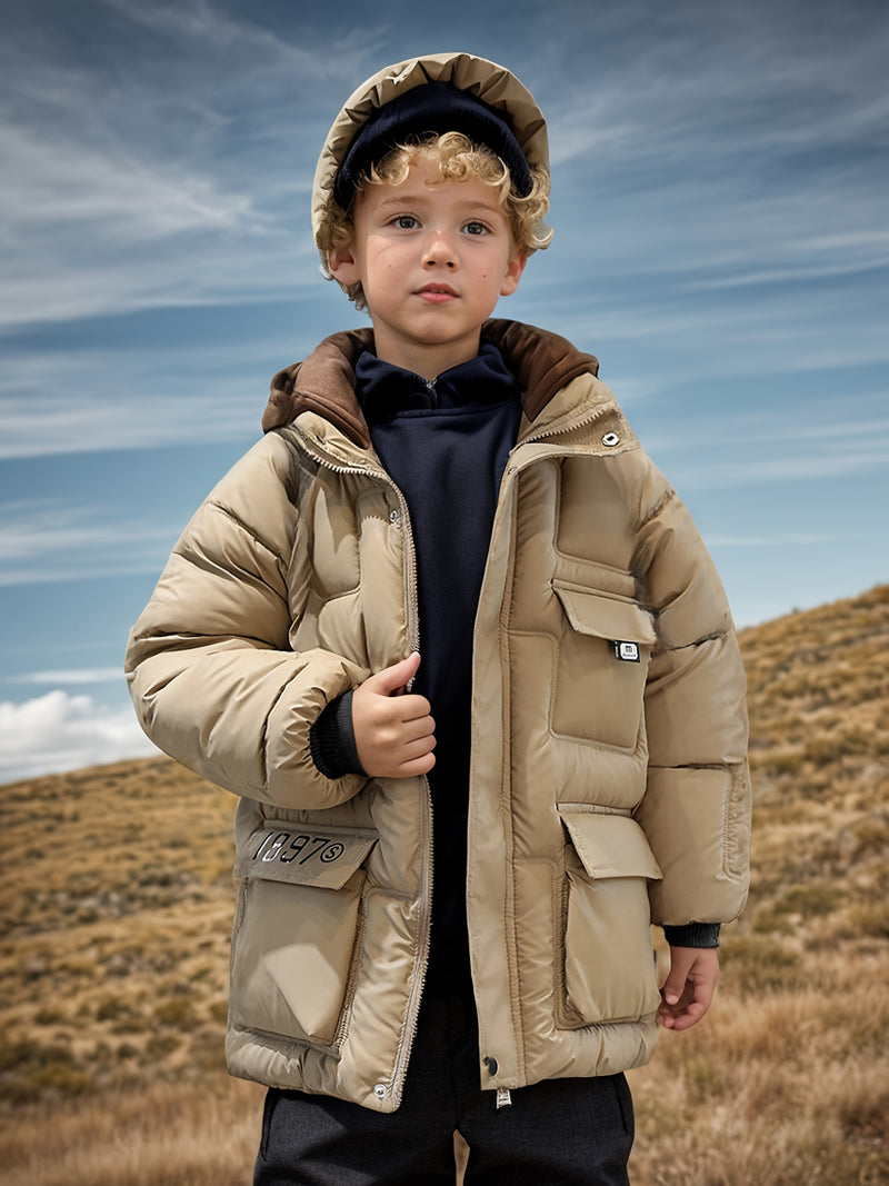 1997 Letter Print Hooded Coat – Warm & Practical Boys’ Fall/Winter Jacket with Pockets — view 1 of outerwear