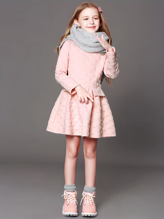 Cute Polka Dot Girl's Simple Long Sleeved Dress - Autumn and Winter Thick, Warm, and Comfortable for Girls, Perfect for Casual Daily Wear