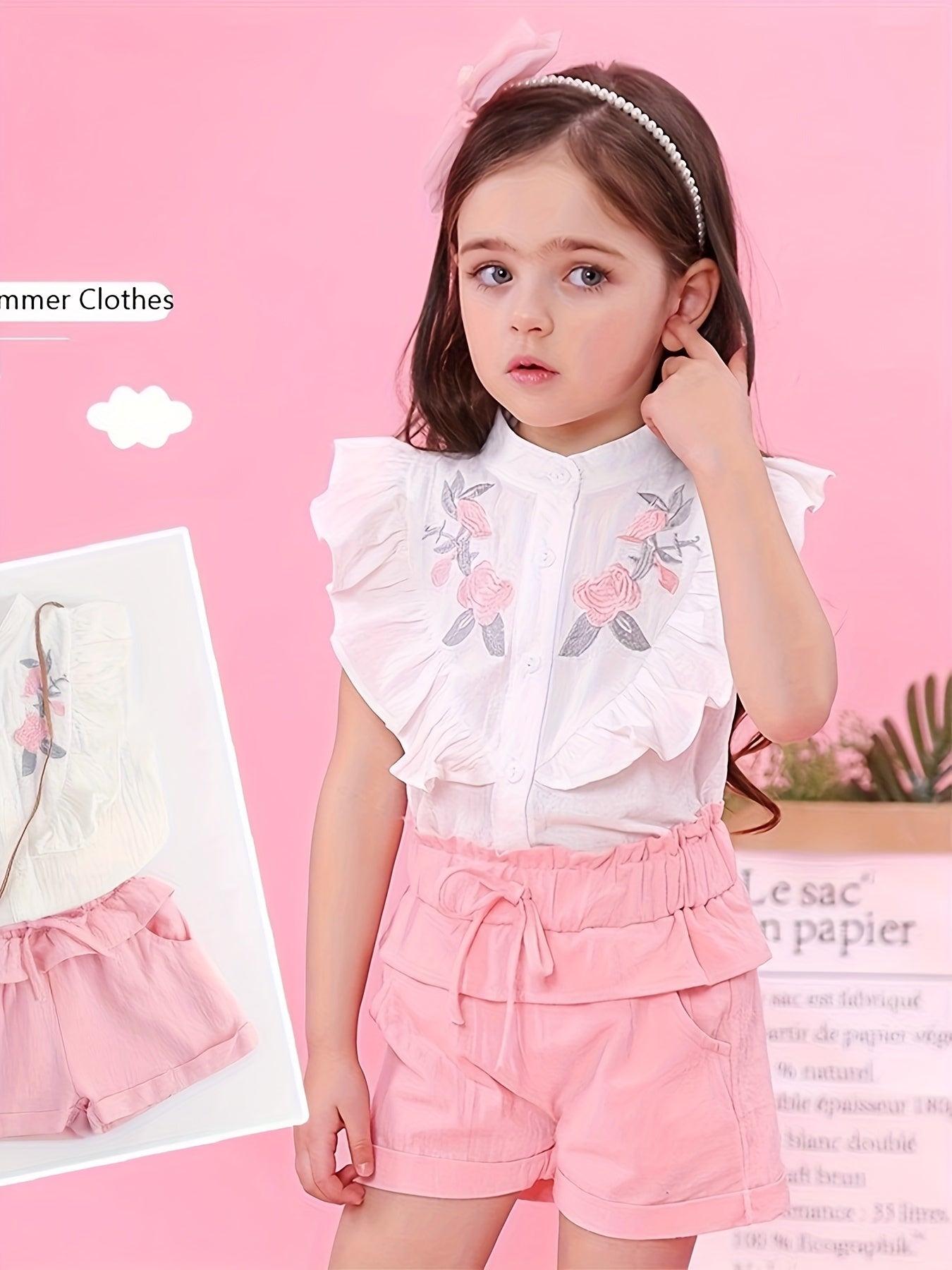 Toddler Girl Ruffle Floral Embroidery Shirt and Shorts Set Clothes