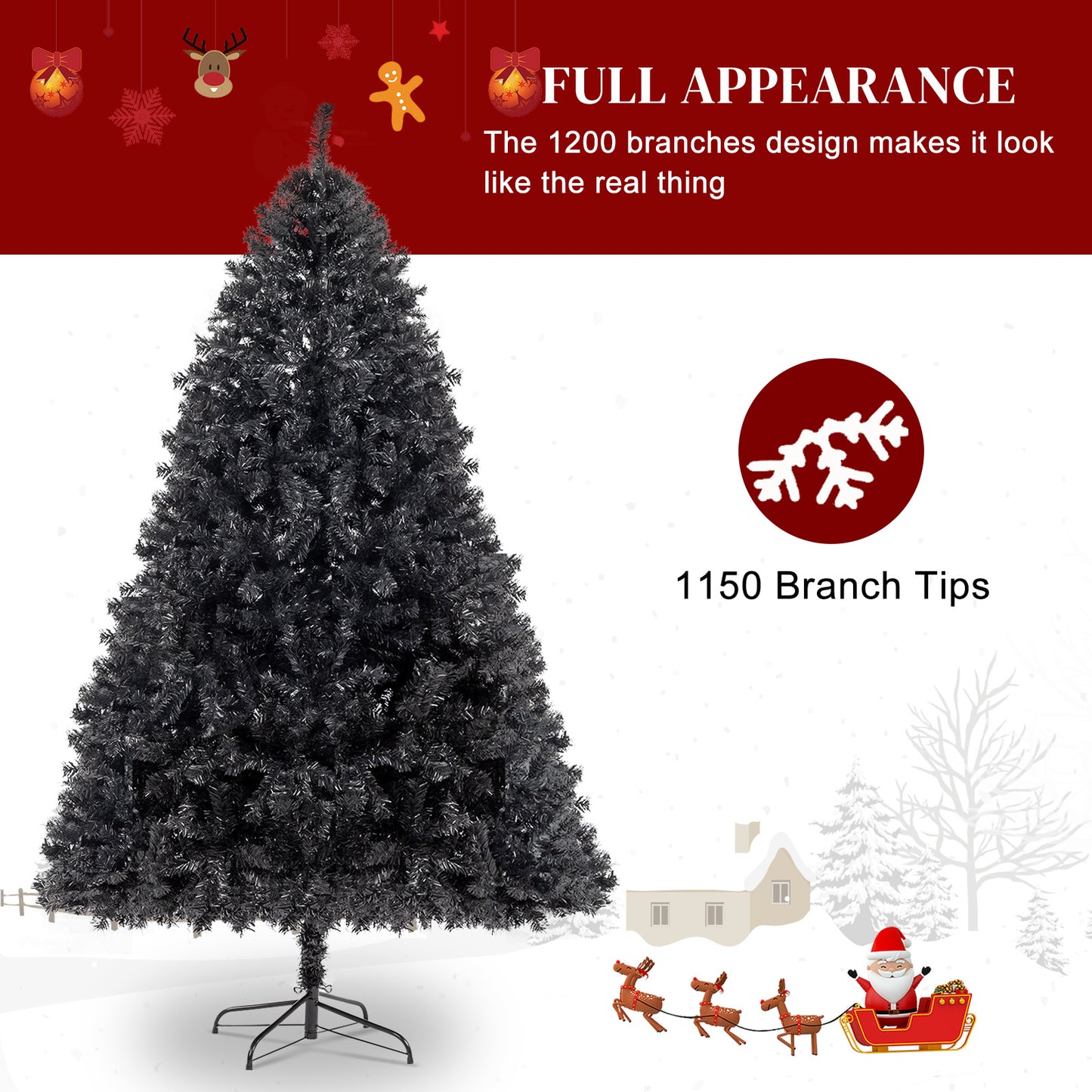 6ft Black PVC Christmas Tree with 1150 Branches - Freestanding, No Power Needed, Perfect for Outdoor Decor