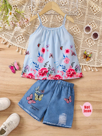 3D Full-Print Girls’ Blue Striped Floral Camisole Top + Legging Shorts – Summer Casual Outfit — view 1 of women's clothing
