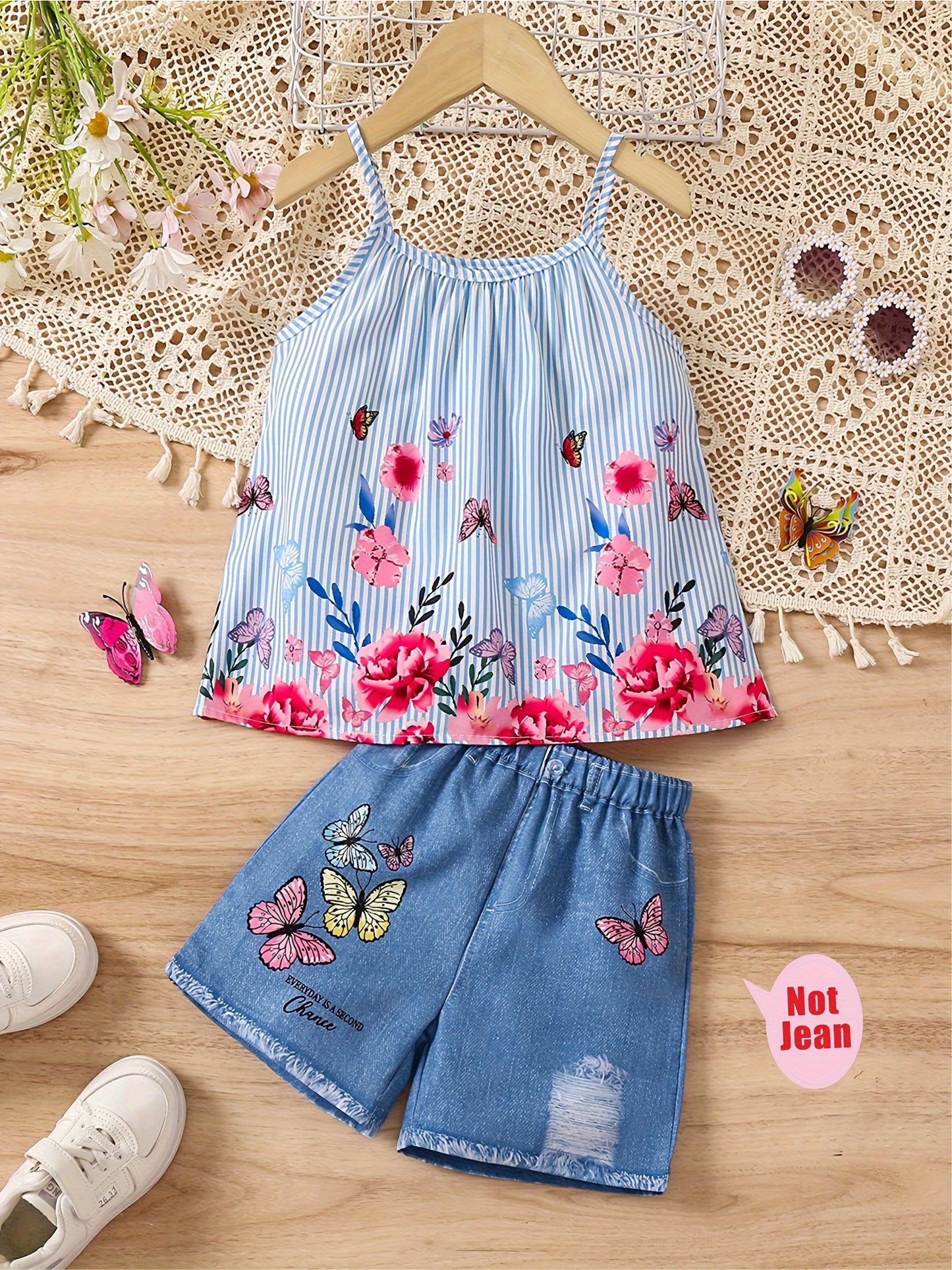 3D Full Print Girl's Outfit: Blue Striped Floral Camisole Top + Legging Shorts for Summer Outdoor Casual Activities