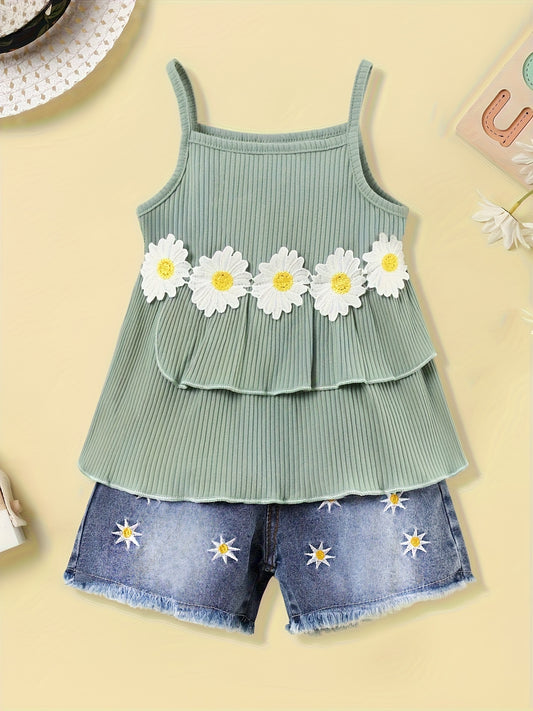 2pcs Toddler Girl's Ruffle Decor Flower Cami Top & Elastic Waist Denim Shorts Set Kid's Summer Clothes