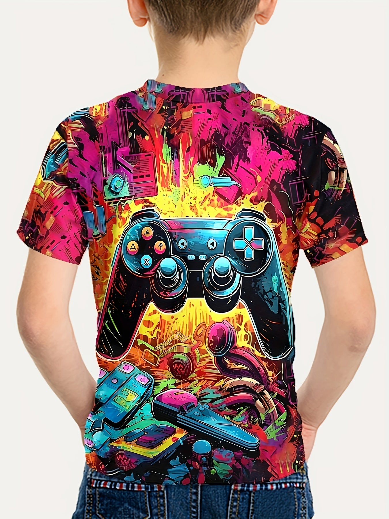 4pcs 3D Print Pattern Boys Fashion Game Controller Crew Neck Short Sleeve Tees, Casual Comfortable Versatile T-shirts for Summer, Outdoor Sports