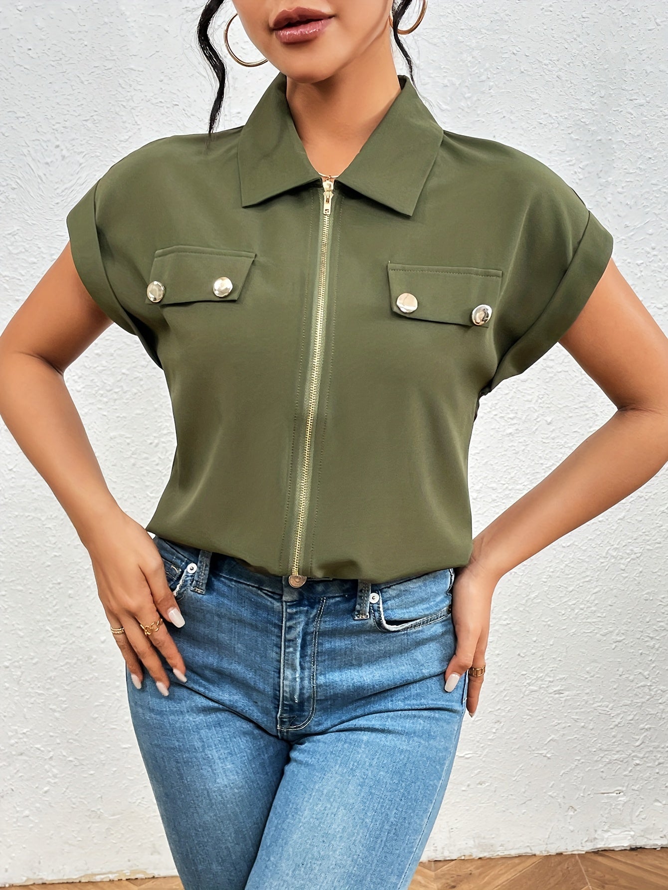 Vibrant Solid Color Short Sleeve Blouse - Convenient Zipper Front Closure, Relaxed Casual Style, Perfect for Spring and Summer Seasons - Womens Clothing for Warm Weather