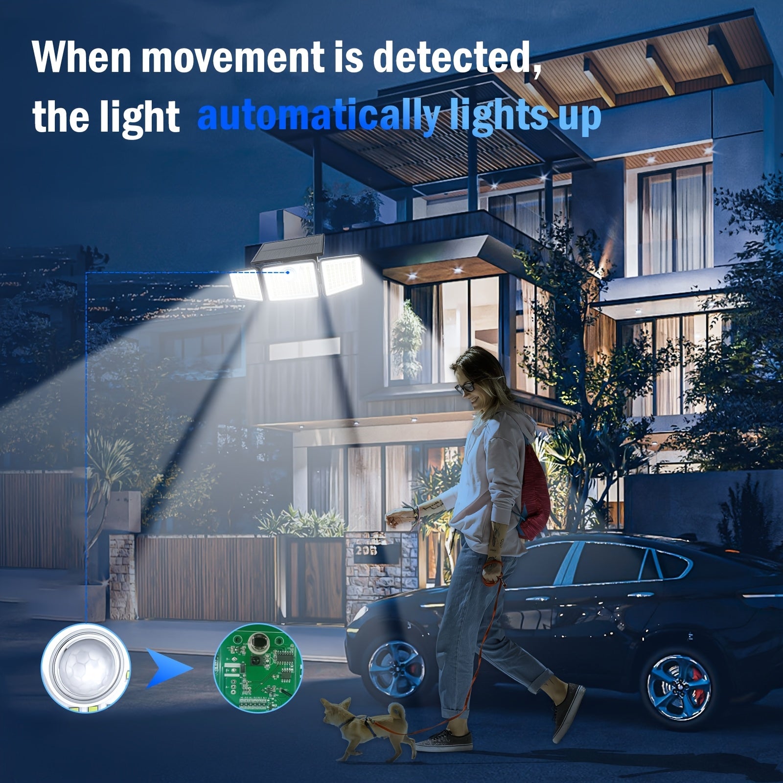 2500 Lm Solar Lights for Outdoors with Motion Sensor | 3- 270° Wide Angle Street Area Lights, IP65 Waterproof, 3 Modes, Remote Control, Suitable for Yard, Patio, Garage, Street, and More