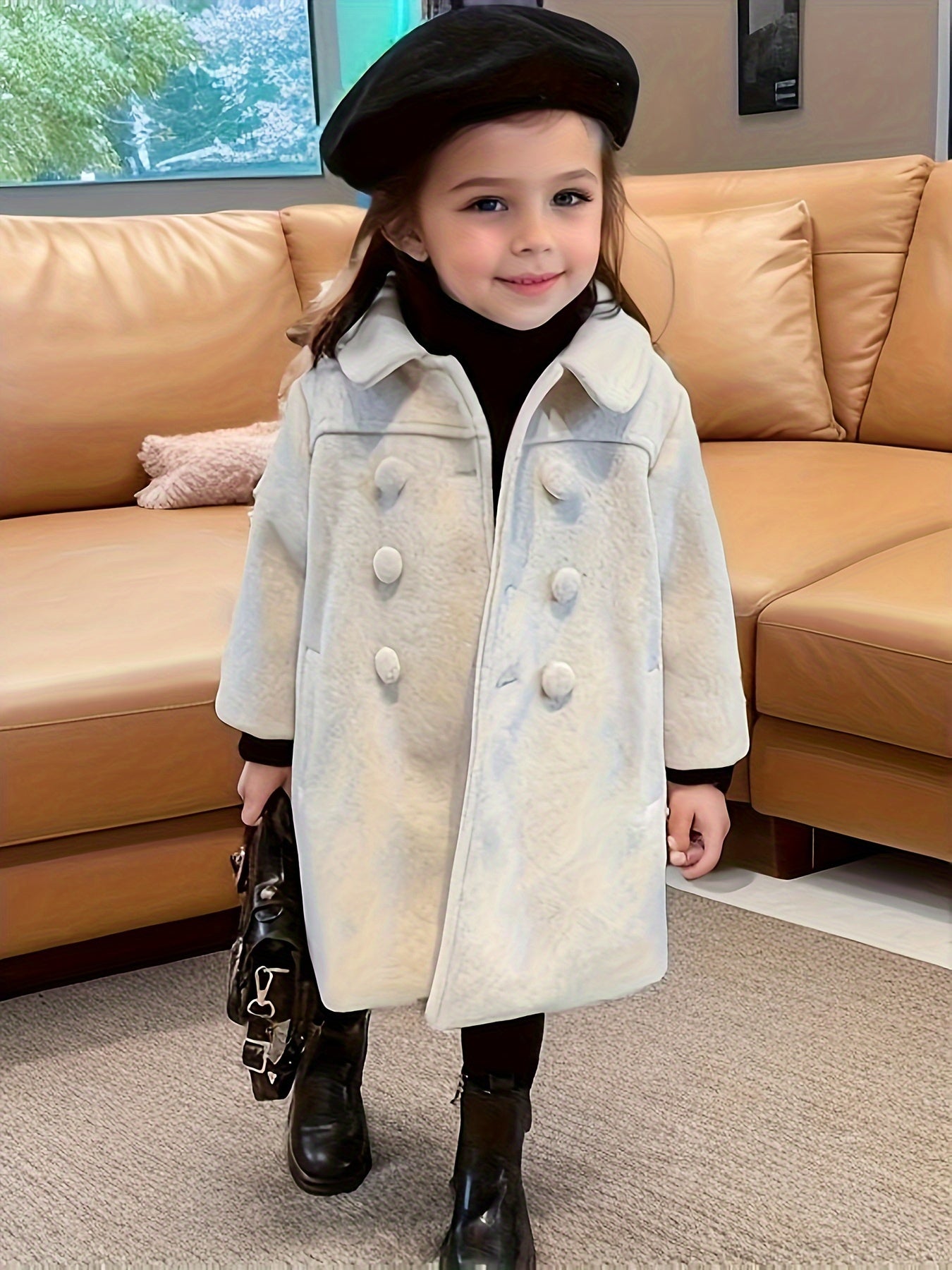 Versatile Girls' Cute Collared Solid Coat Jacket - Elegant Button Decor, Warm, Water-Resistant, and Breathable for Fall and Winter - Kids' Fashionable Outerwear for Casual Daily Wear and Special Occasions