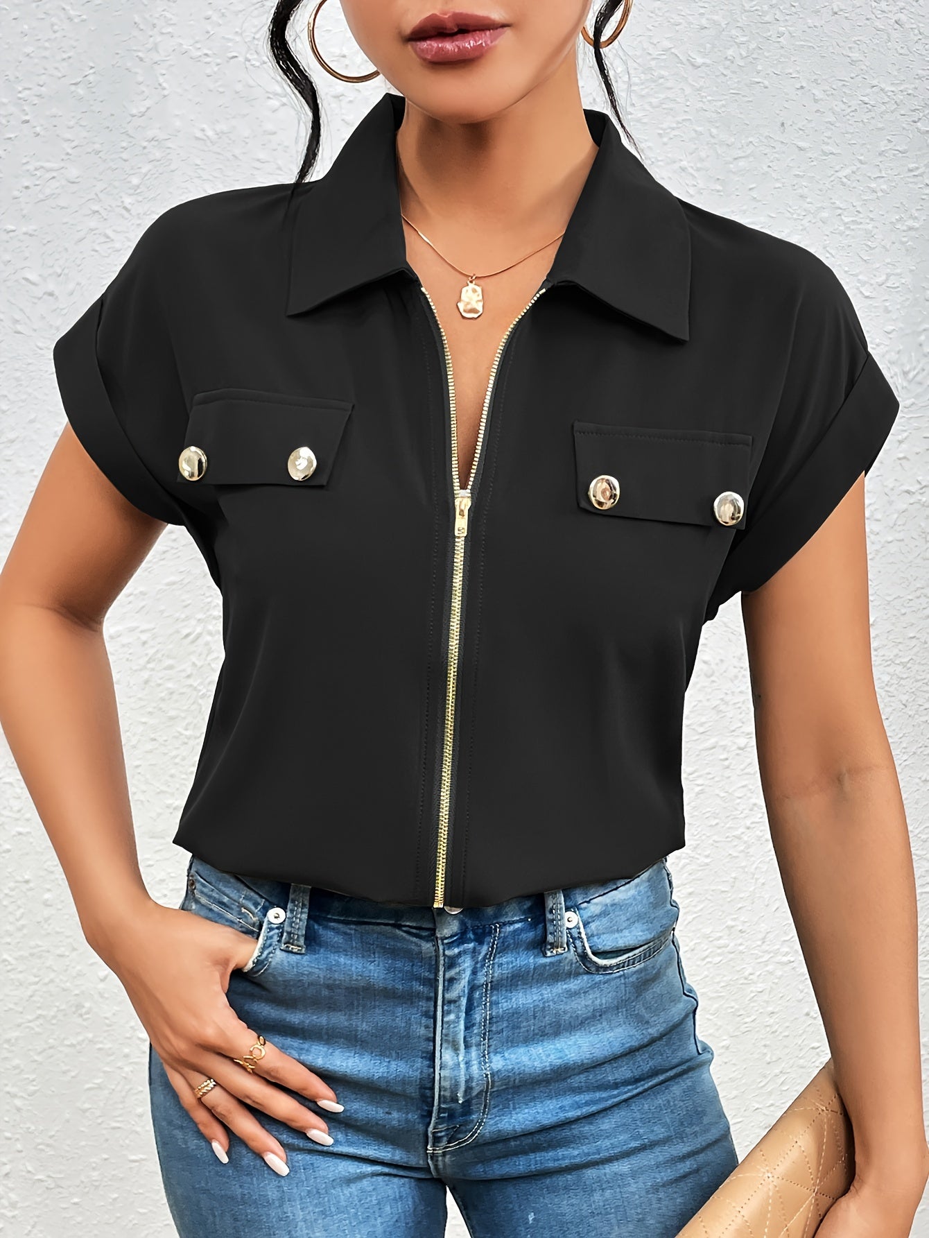 Vibrant Solid Color Short Sleeve Blouse - Convenient Zipper Front Closure, Relaxed Casual Style, Perfect for Spring and Summer Seasons - Womens Clothing for Warm Weather