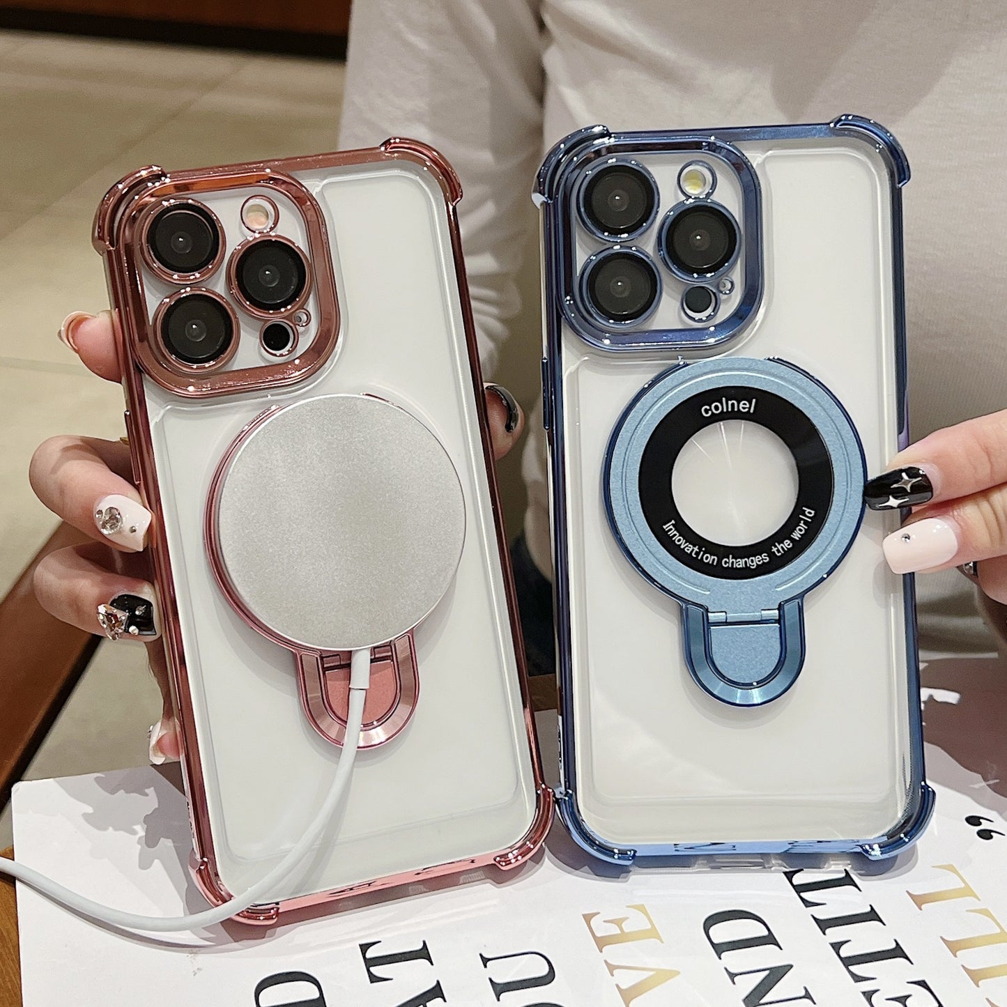 Phone Case: 3pcs [1 Phone Cover with 2 Clear Screen Protectors] Stylish Plated Magnetic Stand Case for iPhone 16 15 14 13 12 11 Pro Max with Holder Stand Shock-Resistant Cover