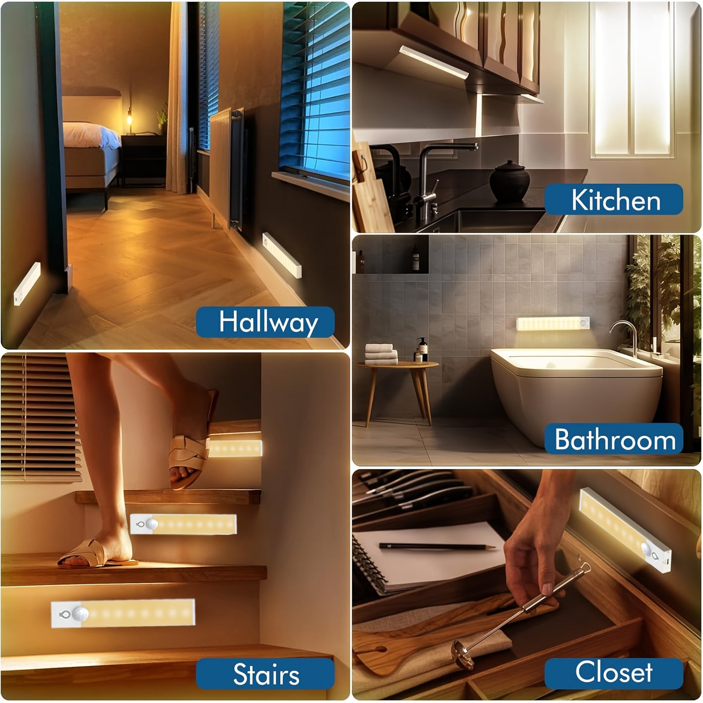 Set of 3 LED Lights with Motion Detection - Adjustable Brightness for Cabinets, Rechargeable Via USB, Featuring Three Color Temperatures (3000K/4500K/6000K), Suitable for Use As Night Lights in Bedrooms, Staircases, Kitchens,