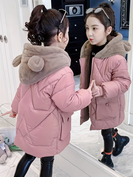 Girls’ Winter Cotton Jacket with Teddy Bear Ears – Hooded Mid-Length Pink Coat