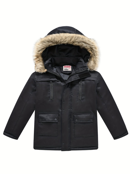 Kids' WarmthMaster Jacket - Removable Hood, Zipper Flap Pocket, Thick Insulation, Water-Resistant, Spring and Winter Wear for Boys and Girls - Versatile and Cozy Outerwear for School and Play