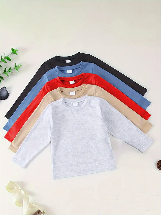 5pcs Boys’ Solid Color Long Sleeve T-Shirts – Stretchy & Comfortable for Fall/Winter