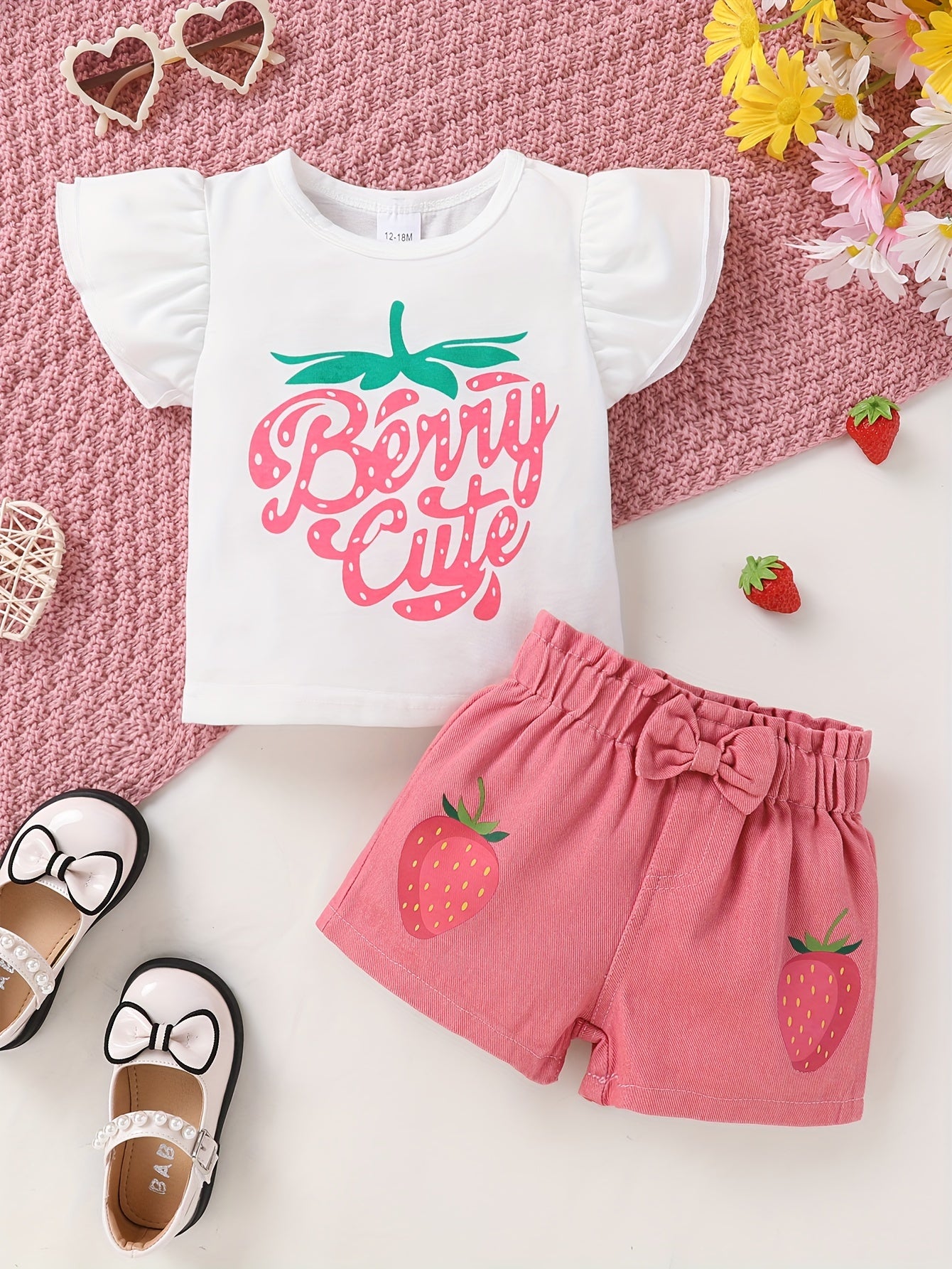 Girls' Strawberry Print Summer Outfit – T-Shirt & Bow-Knot Shorts