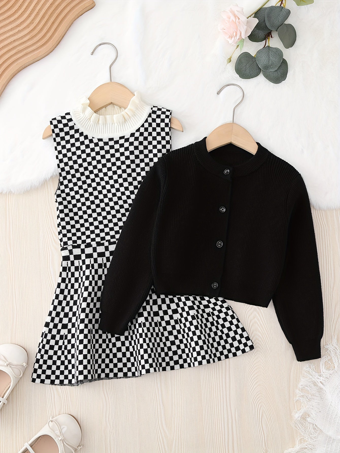 2024 2pcs Knitwear Outfits, Long Sleeve Cardigan + Checkered Ruffle Trim Sleeveless Knit Dress Set for Girls