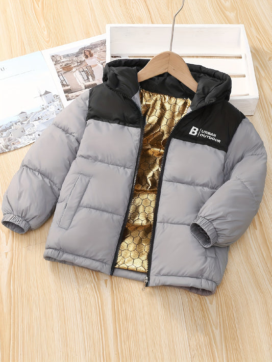 Unisex Kids Casual Hooded Puffer Jacket Solid Color with Pockets - Loose Fit Polyester Fiber Filled Warm Snow Coat for Boys and Girls, Non-Stretch Woven Fabric