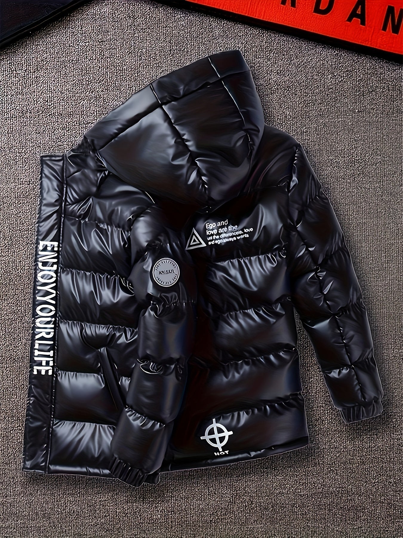 Boys' Warm Metallic Color Hooded Padded Jacket - Snow Suits with Zip Up Coat, Ego and Love Letters Print