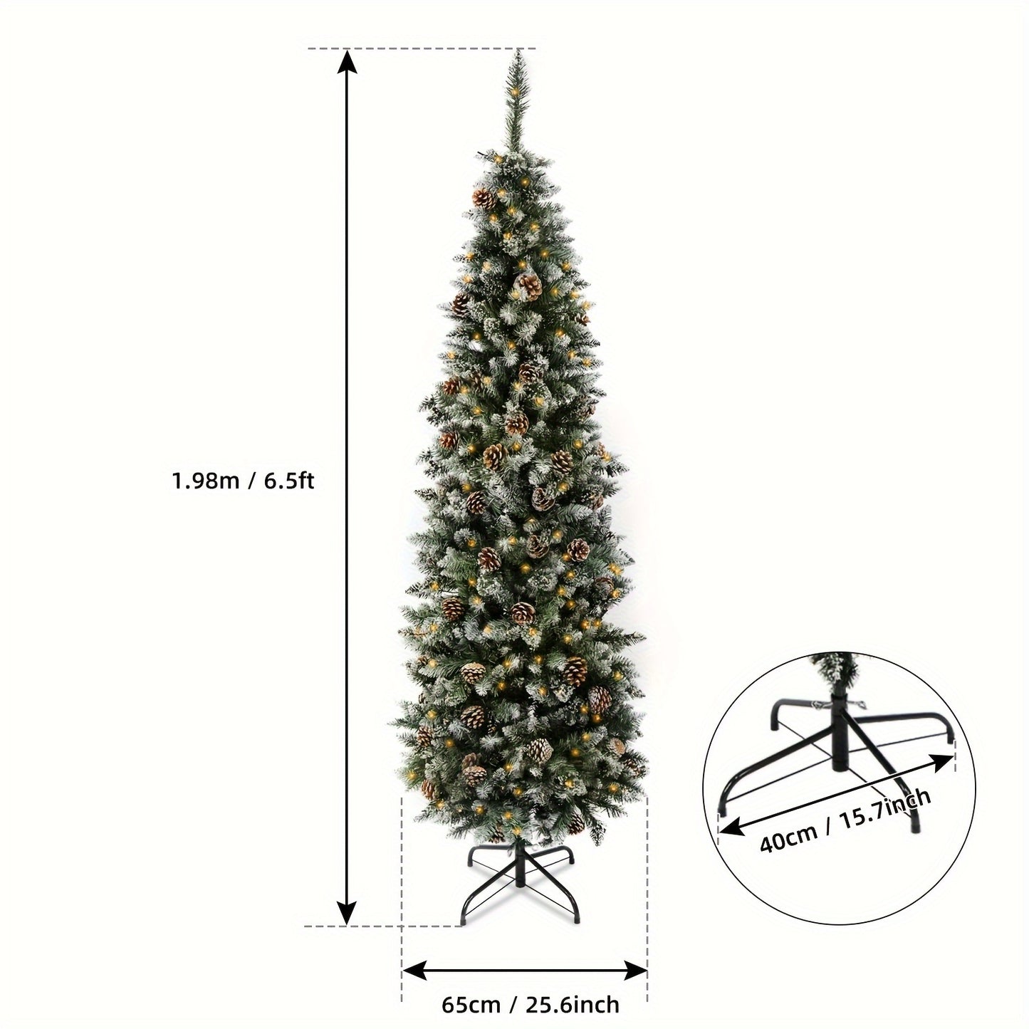 350/400 LED Lights 6.5FT/7.5FT Pre-Lit Pencil Christmas Tree, Artificial Snow Flocked Design with 699/955 PVC Branch Tips, Pine Cones, Metal Hinges & Base