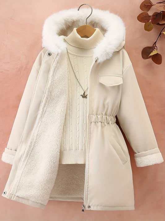 Thick Fleece-lined Girls Elegant Mid-length Jacket with Furry Collar, Hooded, Solid Color, Elastic Waist, All-match