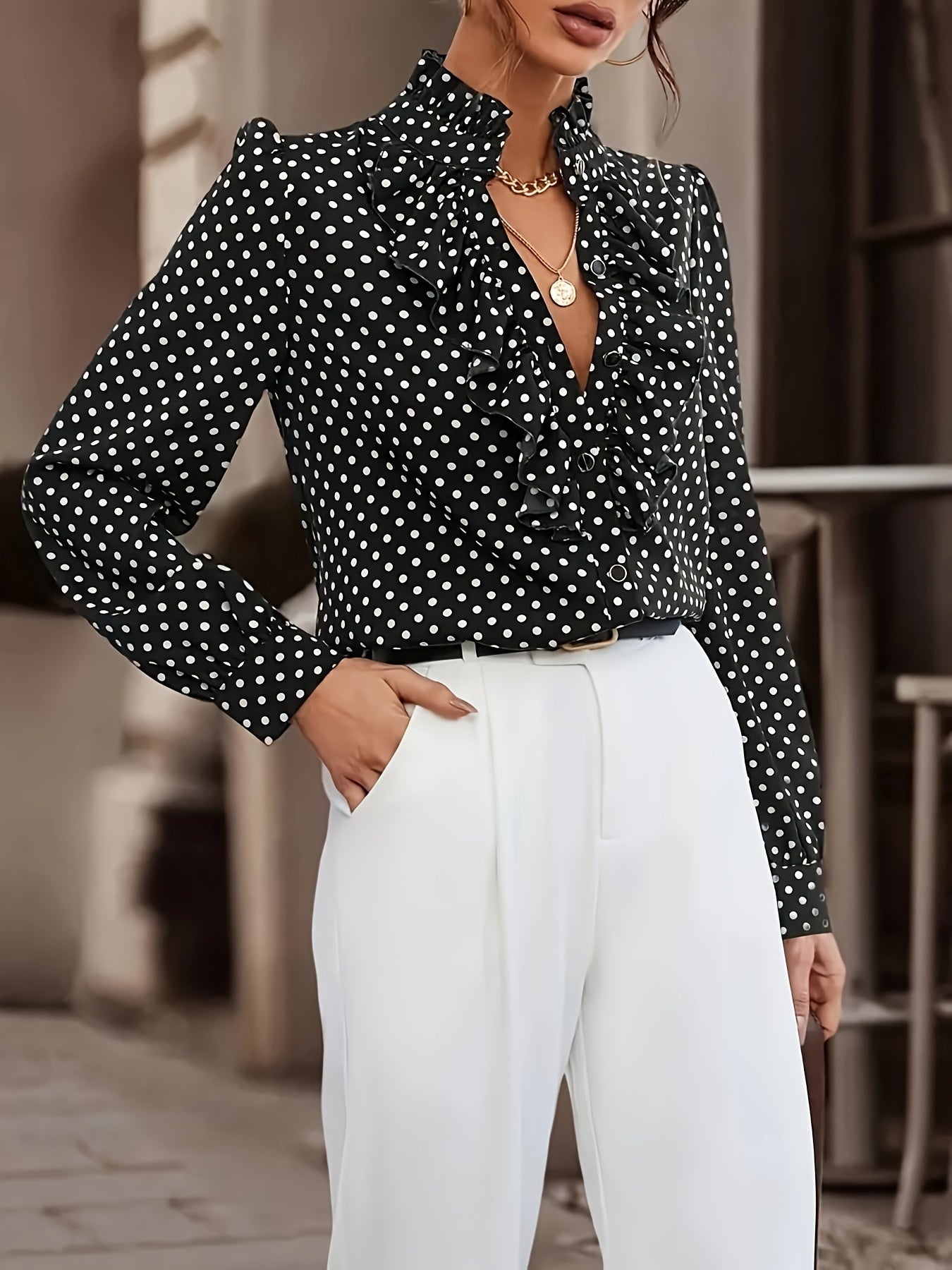 Flirty Polka-dot Ruffle Blouse - Timeless Vintage Style - Long Sleeve For Spring & Fall - Chic Womens Fashion