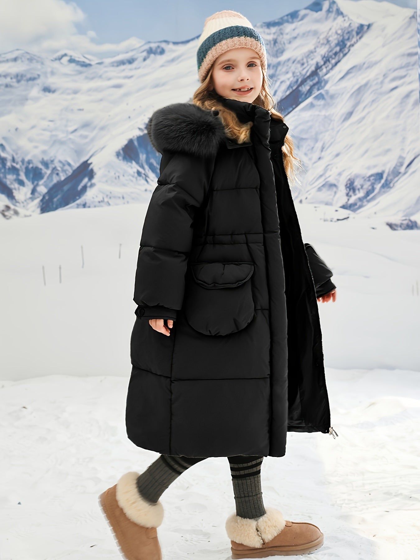 Girls Winter Long Hooded Coat With Large Pockets, Elegant Style Furry Hooded Coldproof Long Snow Suits