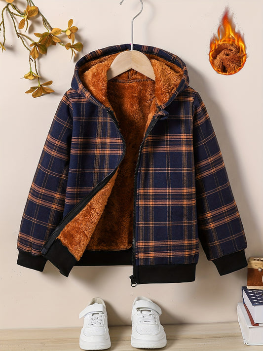 Boys Winter Plaid Fleece-lined Warm Hooded Jacket With Zipper