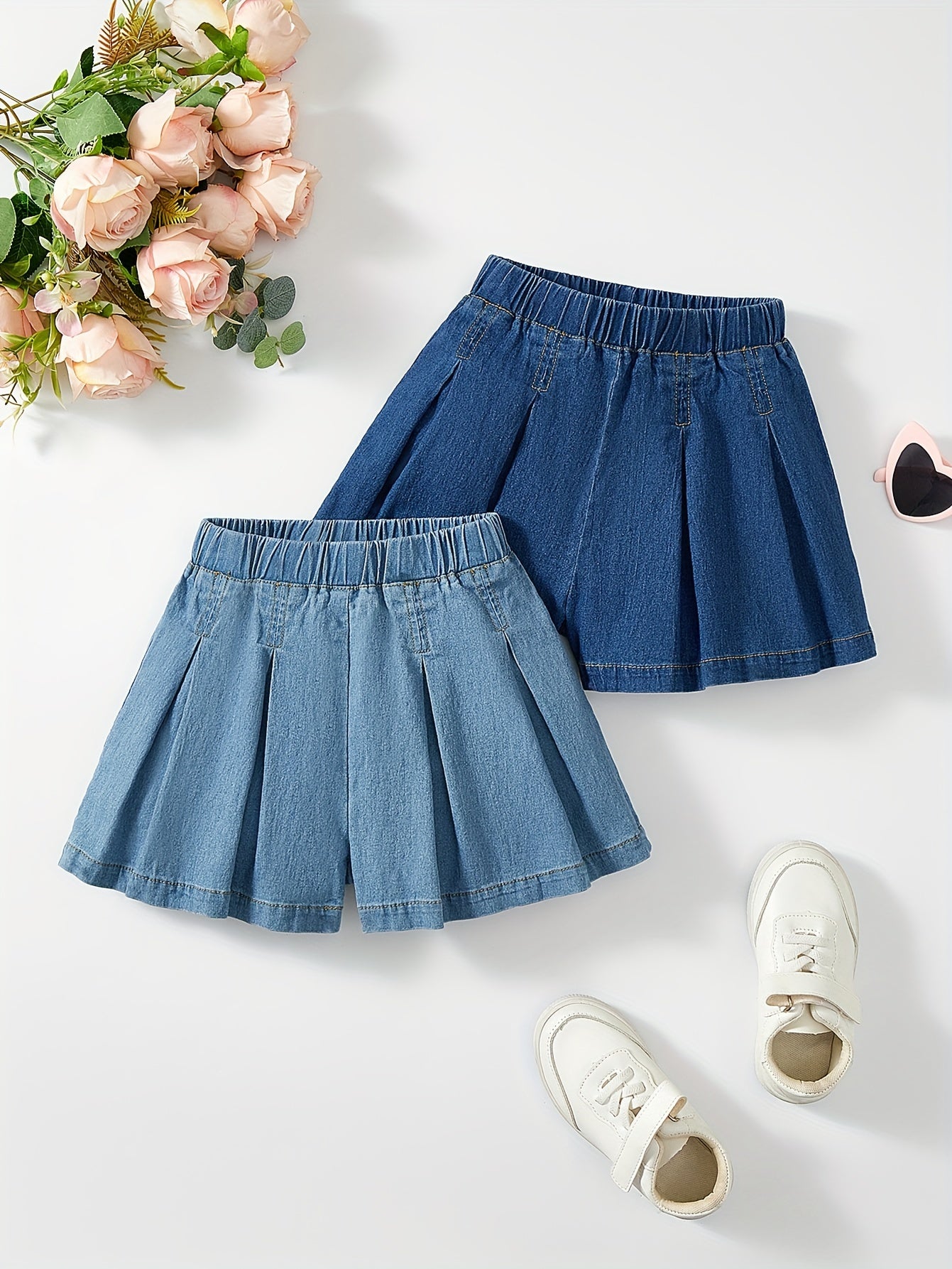 2pcs Comfy Cotton Girls A-line Denim Shorts Elastic Waist Box Pleated