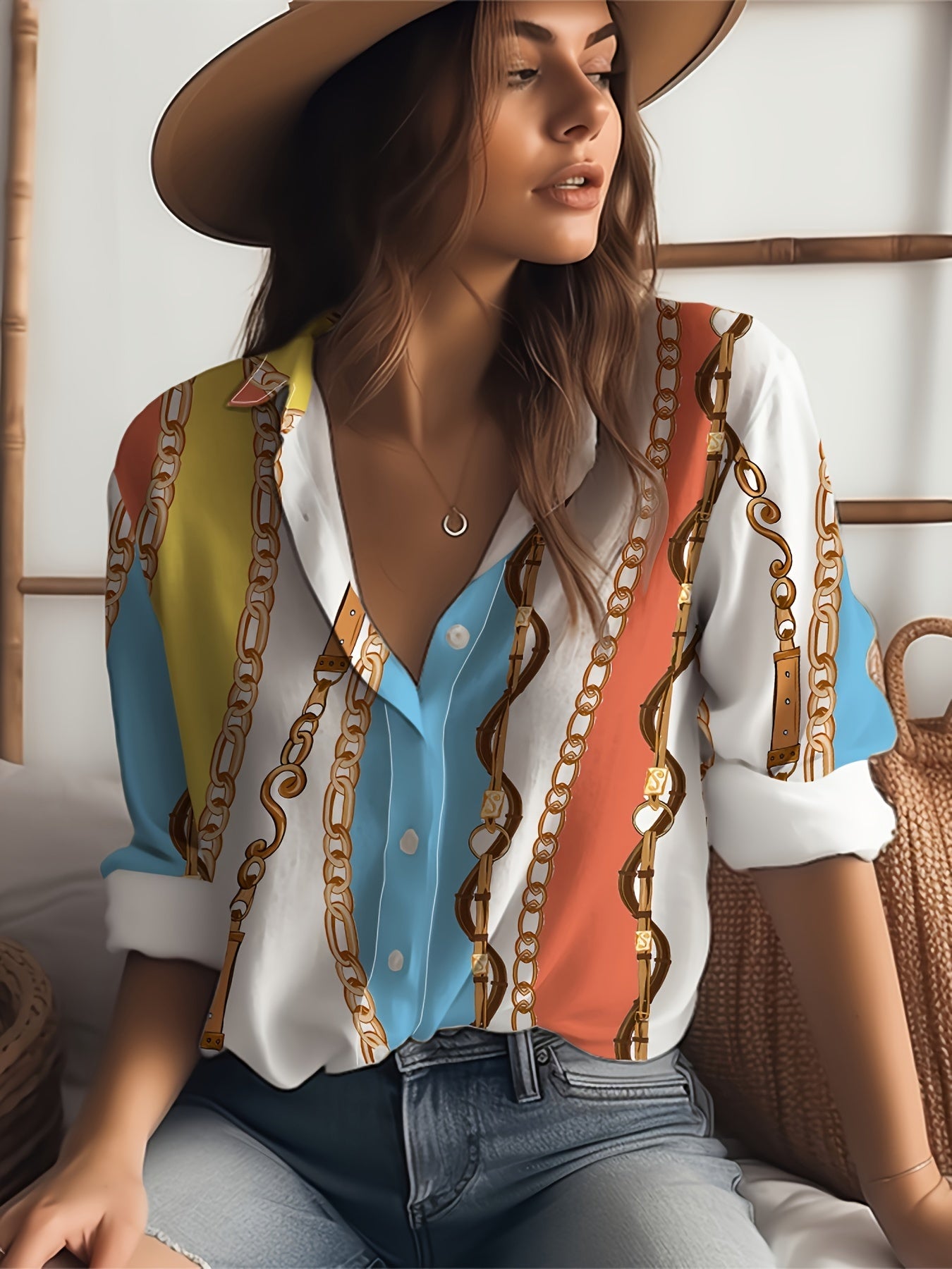 Long Sleeve Women's Blouse - Color Blocking Chain Printing, Button Front, Lapel Design - Versatile For Casual Or Office Wear