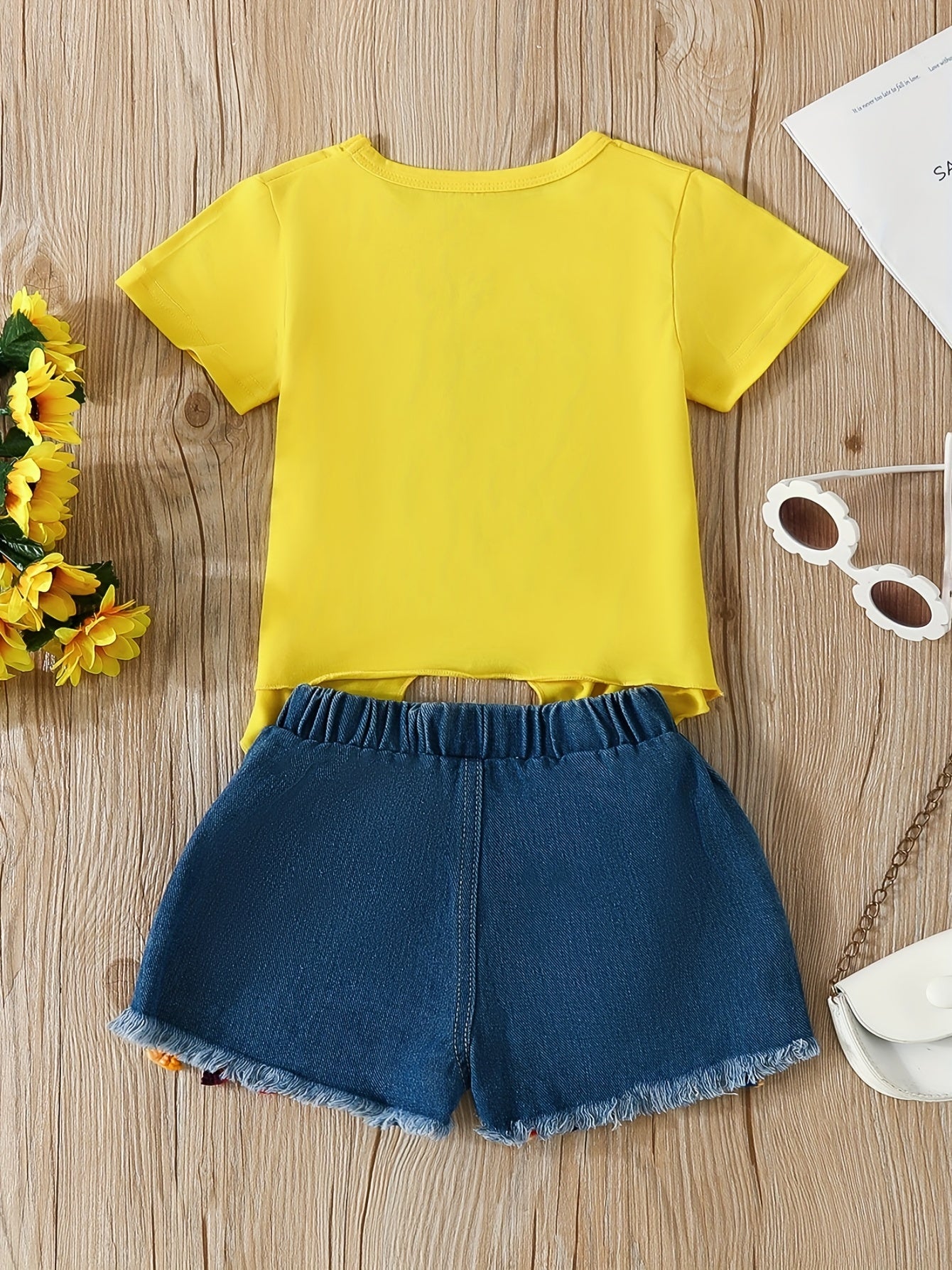 2pcs Comfy Girls Casual Short Sleeve T-shirt & Denim Shorts Set, Sunflower And Letter Graphic Print Summer Kids Outdoor Clothing