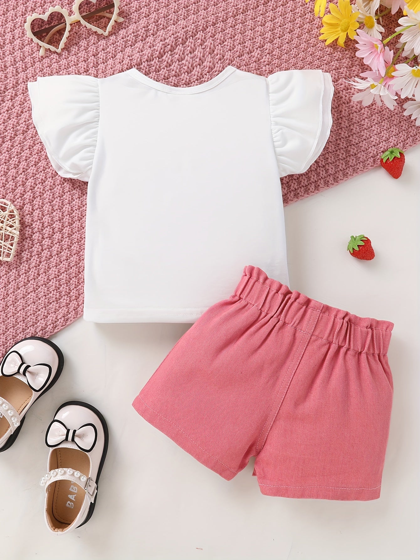 Girls' Strawberry Print Summer Outfit – T-Shirt & Bow-Knot Shorts