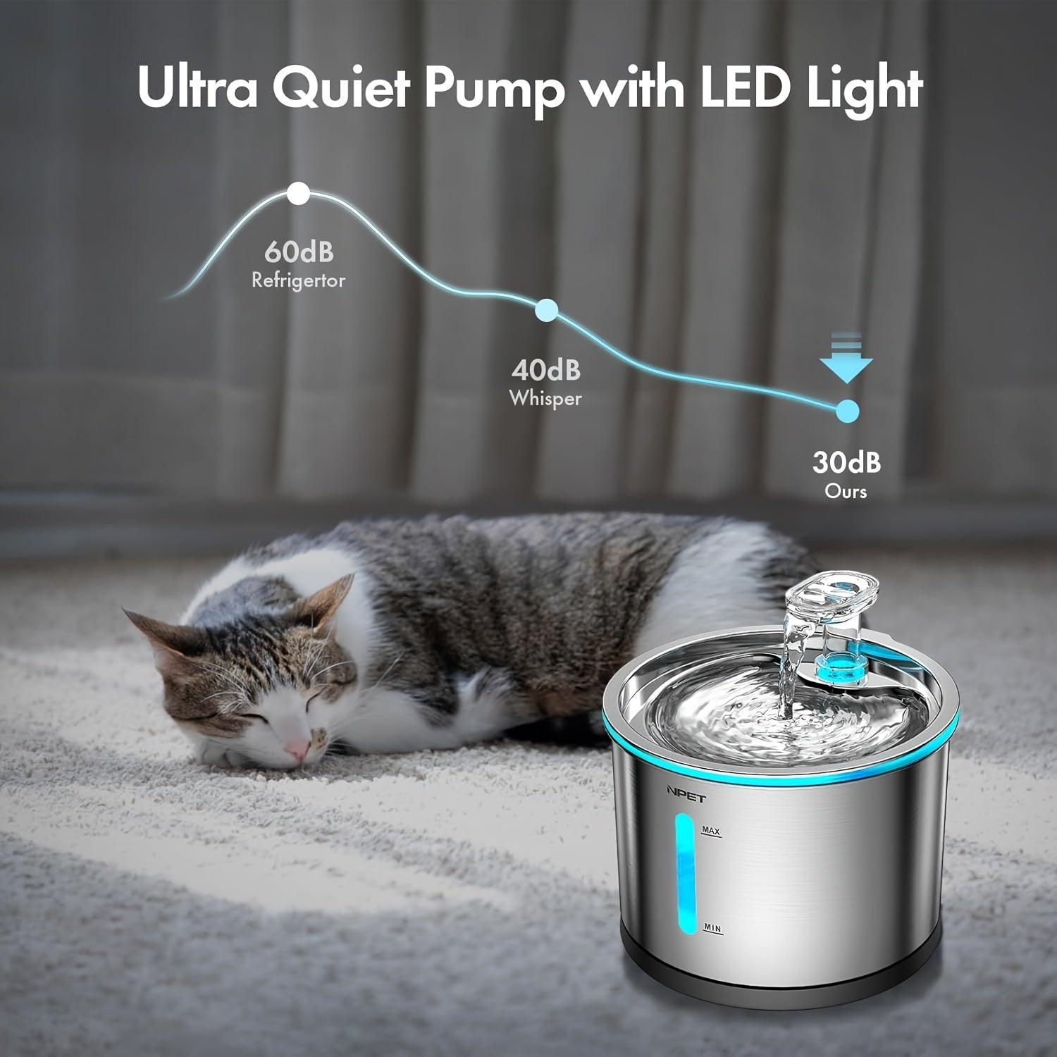 NPET WF210 Cat Water Fountain Stainless Steel, 50oz/1.5L Dishwasher Safe Pet Water Fountain with Visible Window, Ultra Quiet Automatic Cat Water Dispenser with Light for Cats Inside