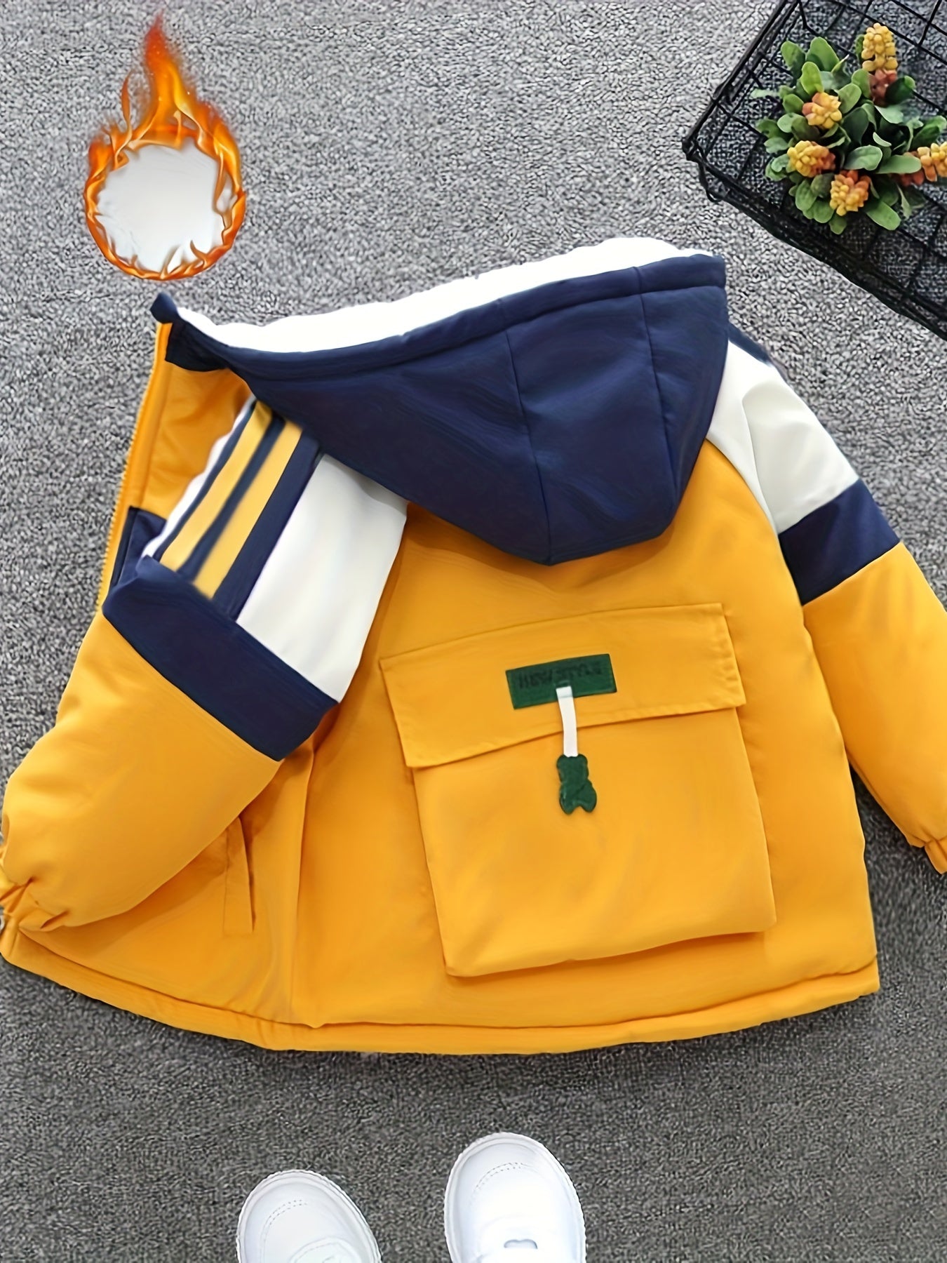 Stylish Kids' Color Block Hooded Jacket - Fleece Lined, Long Sleeve, Zip-Up, Bag-Shaped Pockets