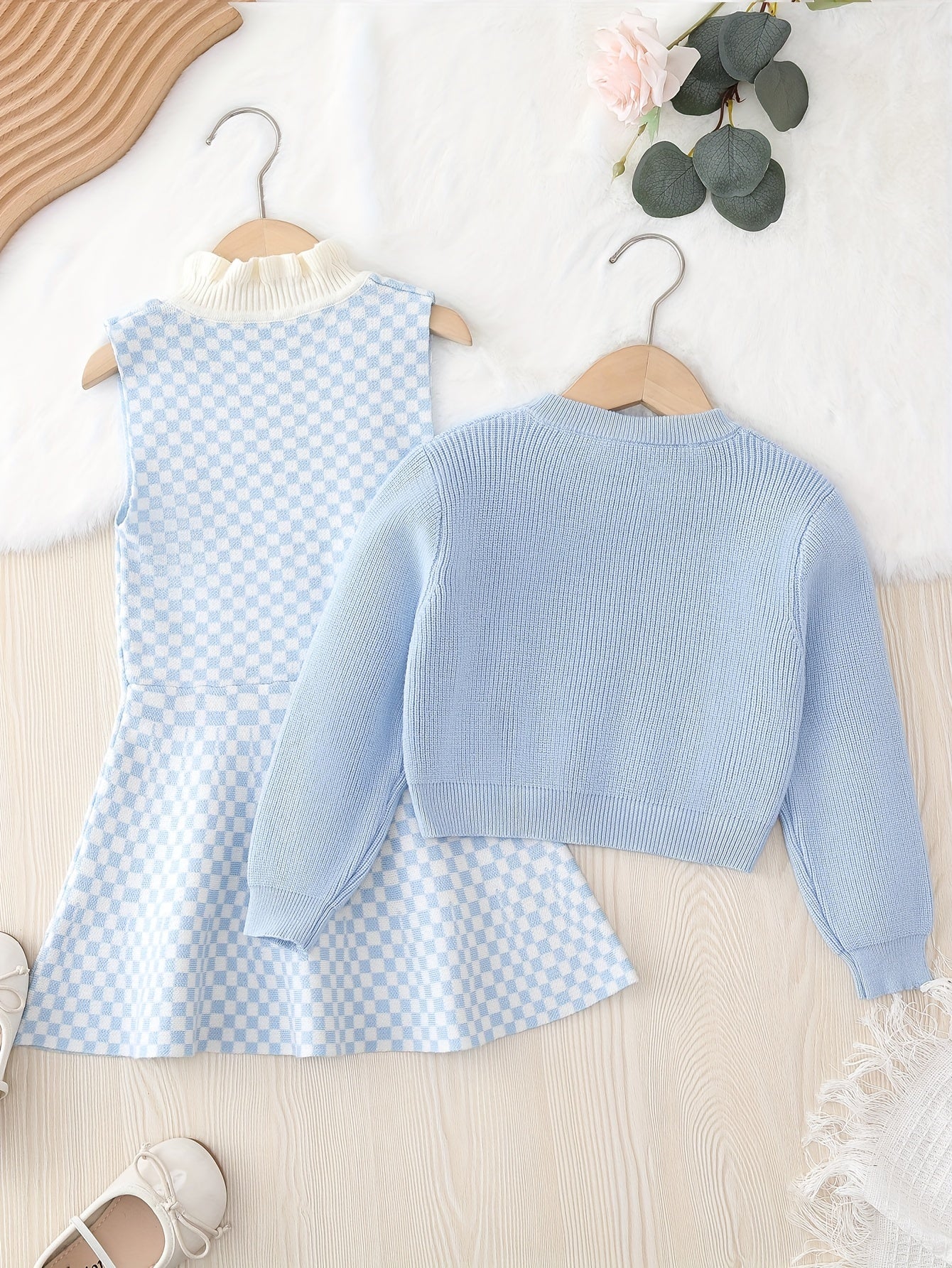 2024 2pcs Knitwear Outfits, Long Sleeve Cardigan + Checkered Ruffle Trim Sleeveless Knit Dress Set for Girls