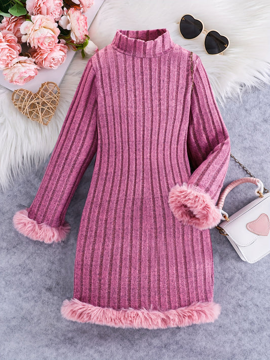 Chic Ribbed Fleece Long Sleeve Dress for Girls - Elegant Spliced Knitted Fashion for Fall & Winter - Soft, Cozy, and Stylish Clothing for Little Ladies